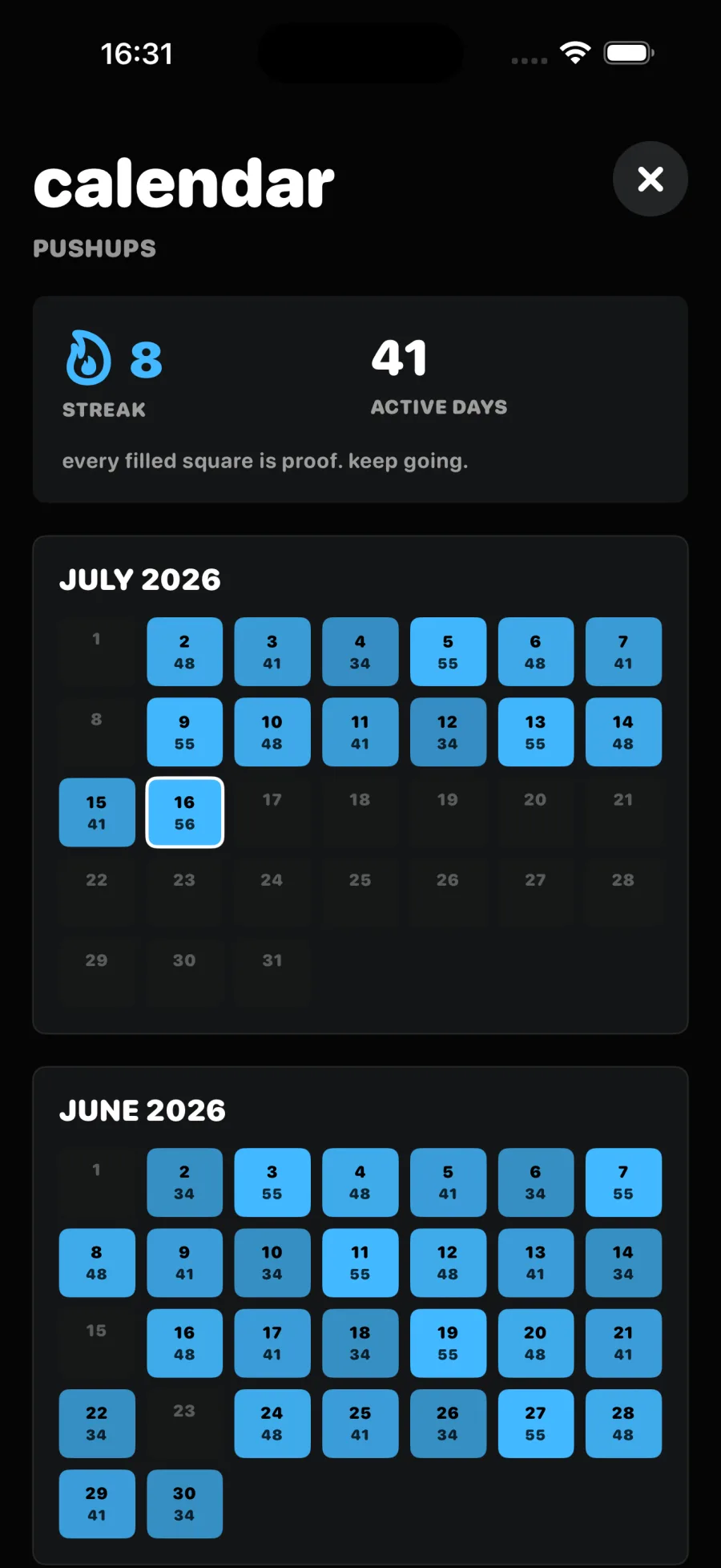 Calendrier TrackRepeat avec jours actifs et série
